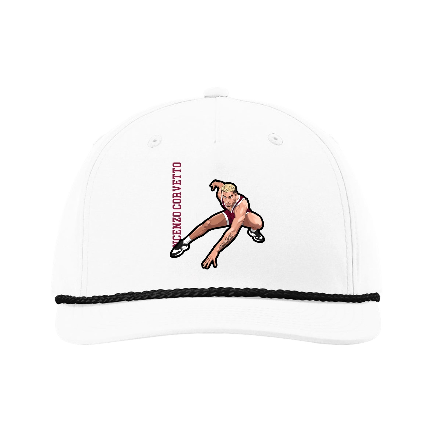 Five-Panel Classic Rope Cap — Name Vertical in White