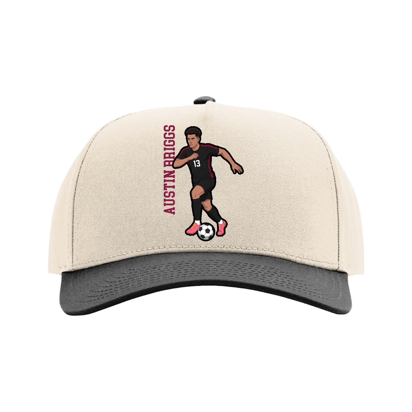 Full Fabric Five-Panel Champ Cap — Name Vertical in Cream/Black