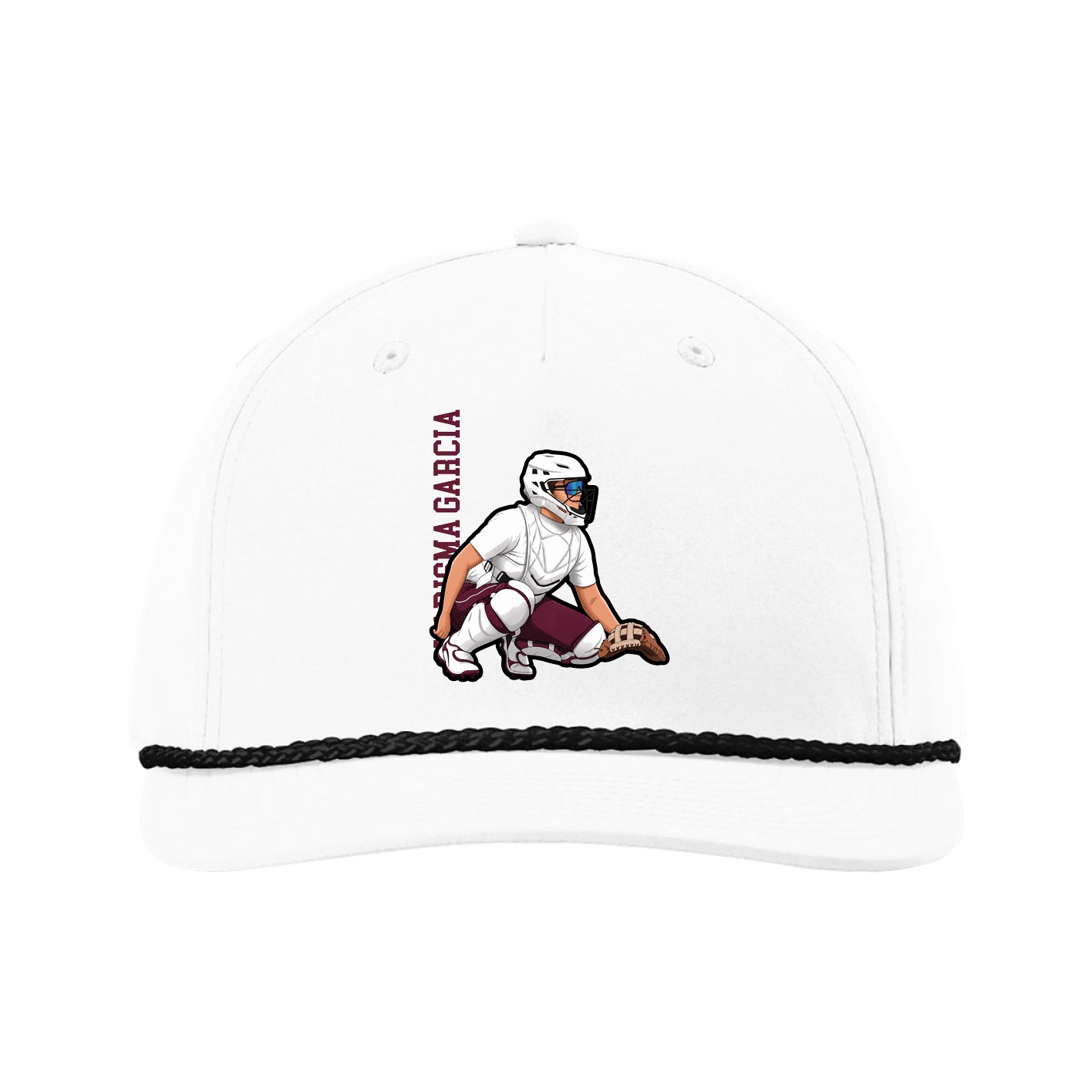Five-Panel Classic Rope Cap — Name Vertical in White