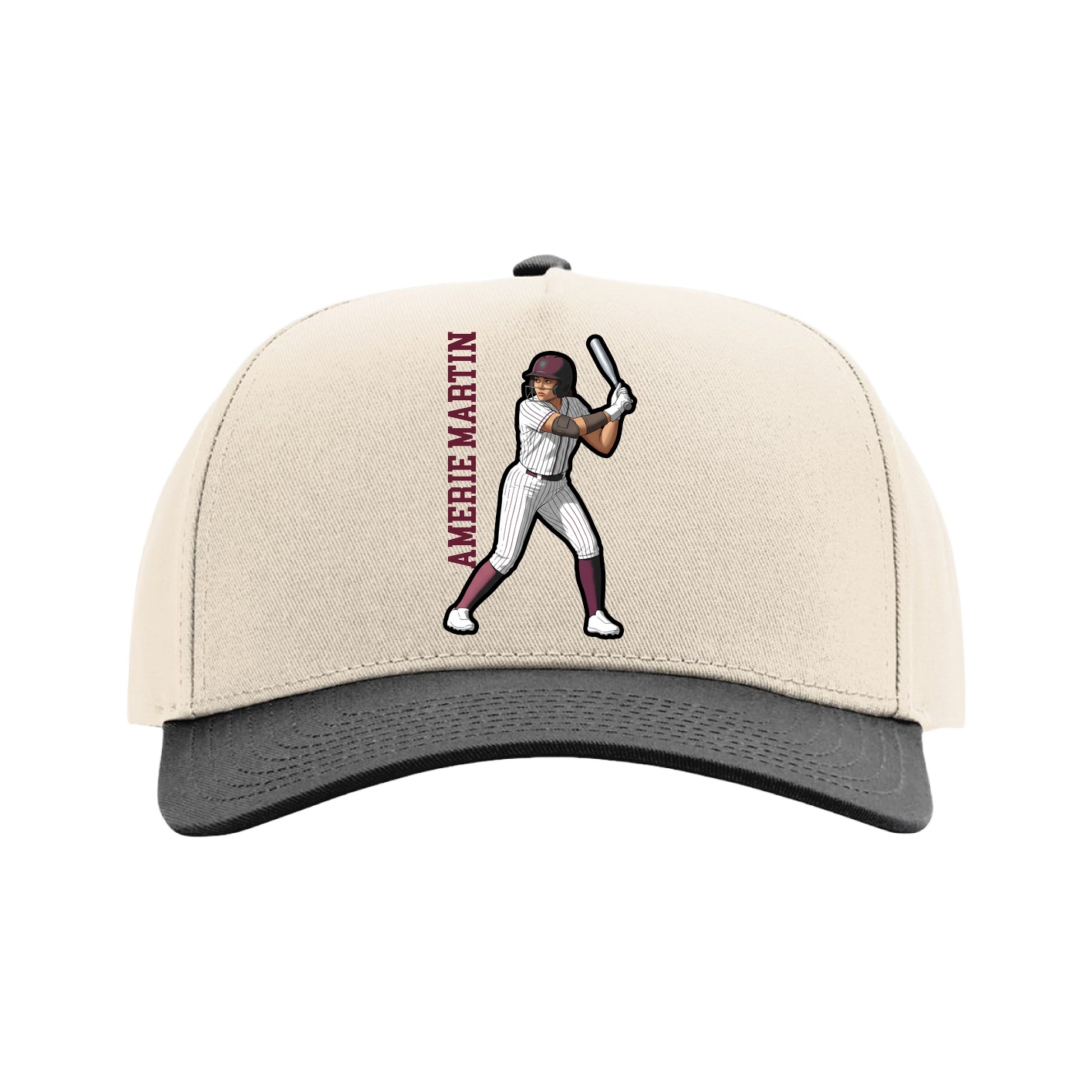 Full Fabric Five-Panel Champ Cap — Name Vertical in Cream/Black