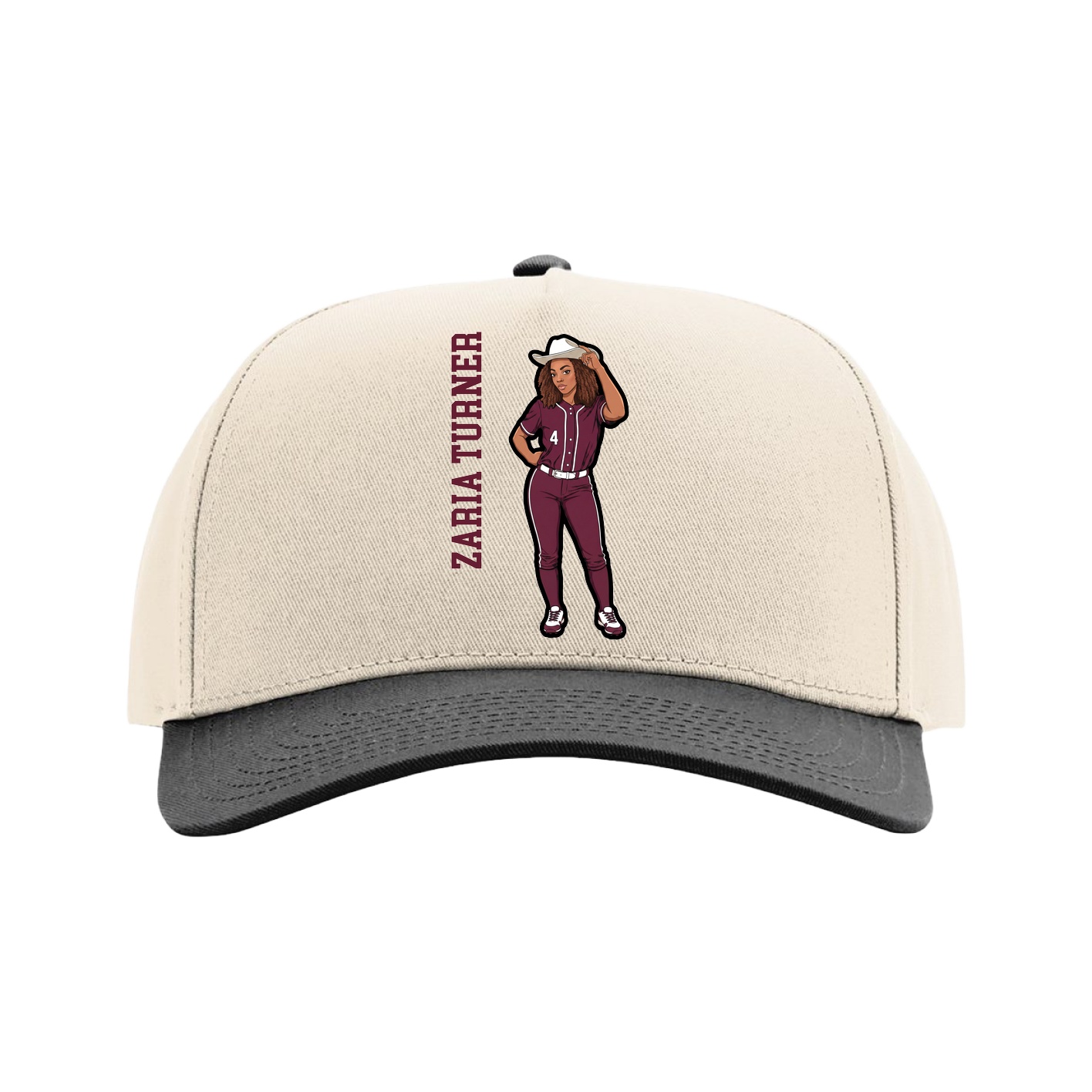 Full Fabric Five-Panel Champ Cap — Name Vertical in Cream/Black