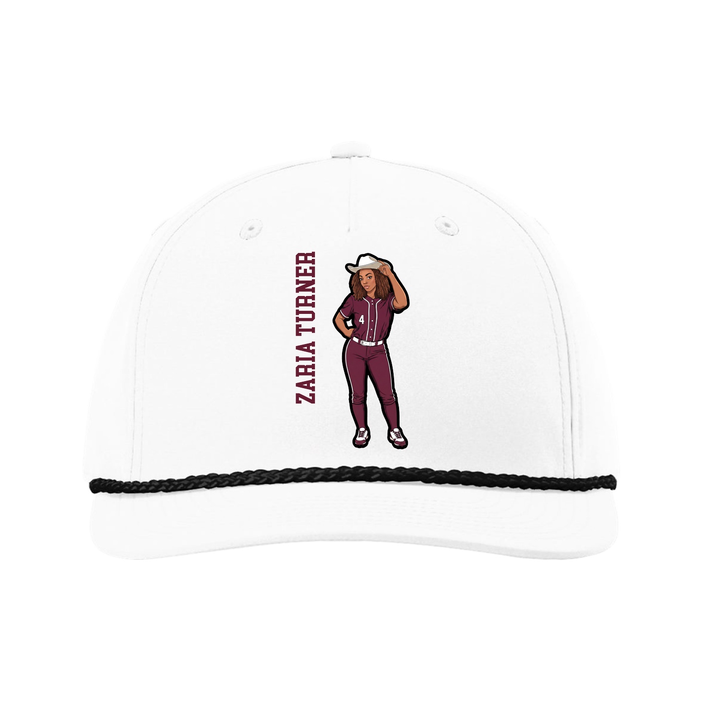 Five-Panel Classic Rope Cap — Name Vertical in White