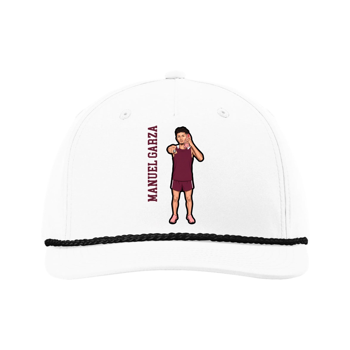 Five-Panel Classic Rope Cap — Name Vertical in White