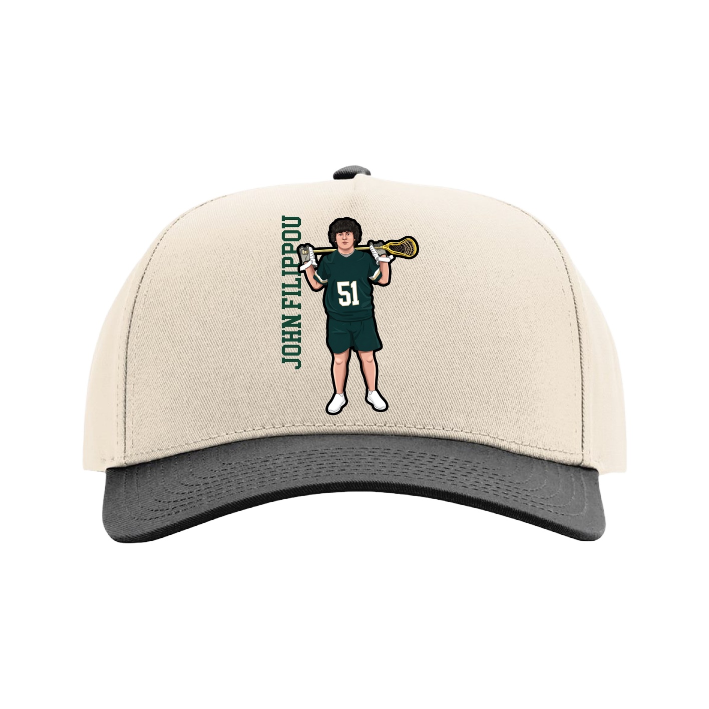 Full Fabric Five-Panel Champ Cap — Name Vertical in Cream/Black