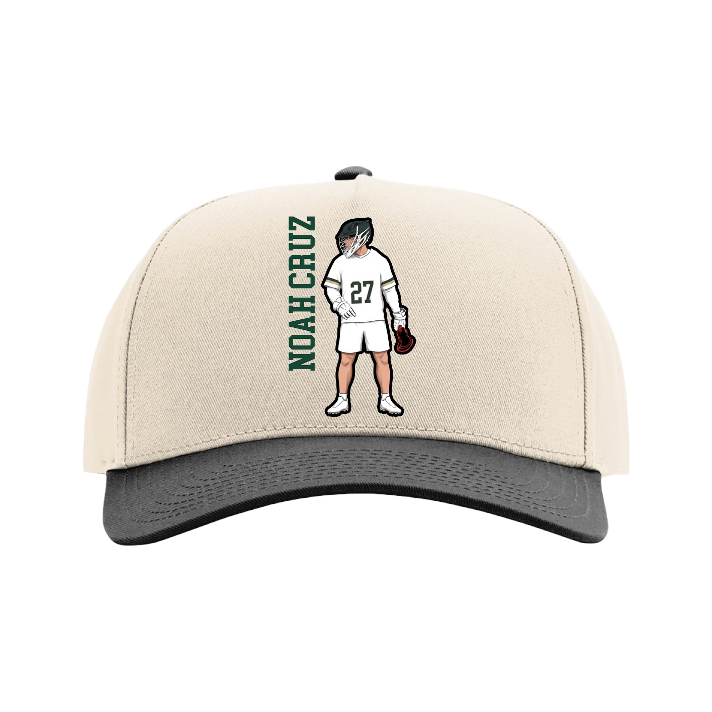 Full Fabric Five-Panel Champ Cap — Name Vertical in Cream/Black