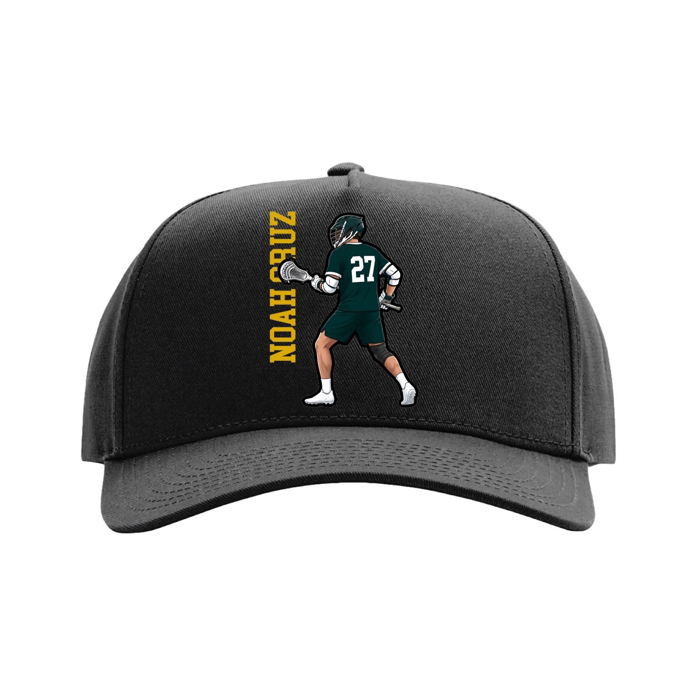 Full Fabric Five-Panel Champ Cap — Name Vertical in Black