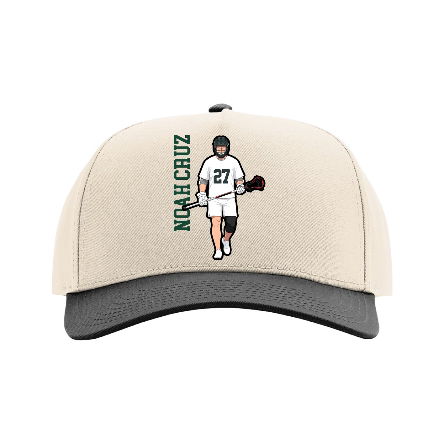 Full Fabric Five-Panel Champ Cap — Name Vertical in Cream/Black