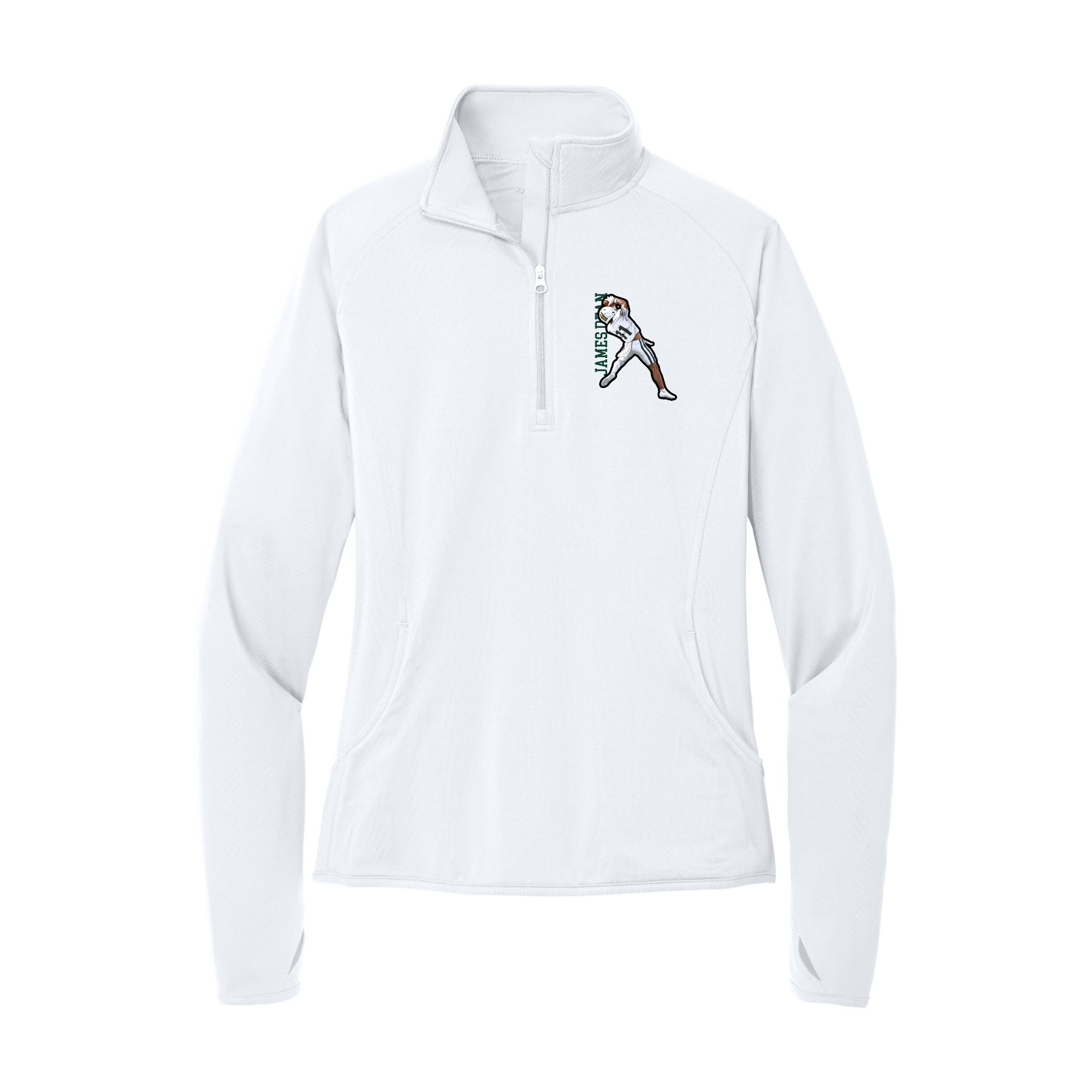 Women's Q-Zip Pullover — Name Vertical in White
