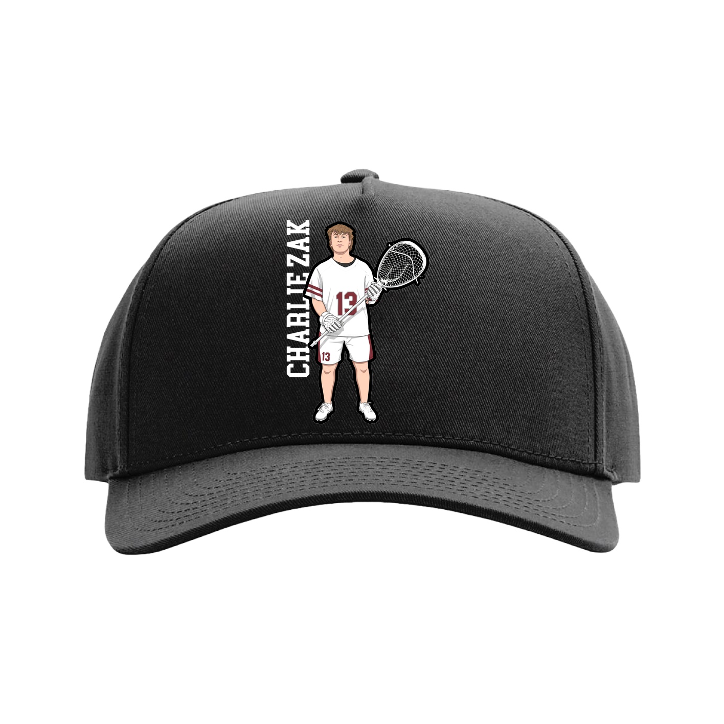 Full Fabric Five-Panel Champ Cap — Name Vertical in Black