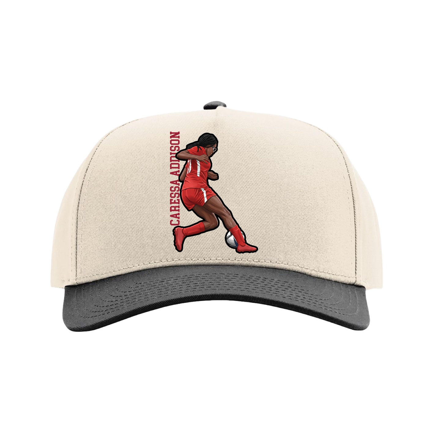 Full Fabric Five-Panel Champ Cap — Name Vertical in Cream/Black