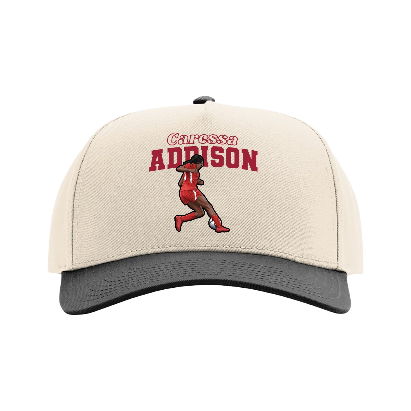 Full Fabric Five-Panel Champ Cap — Name Arch in Cream/Black