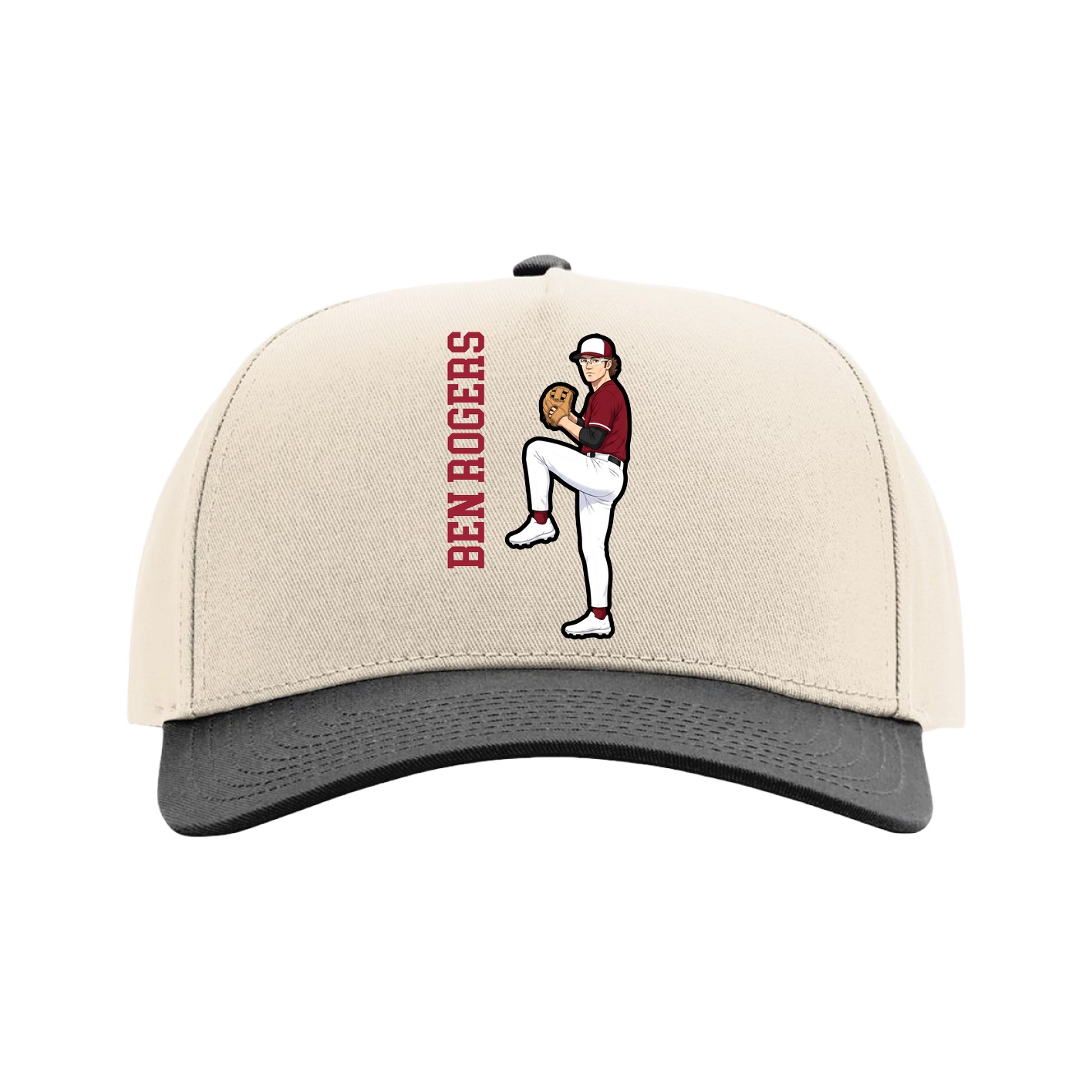 Full Fabric Five-Panel Champ Cap — Name Vertical in Cream/Black