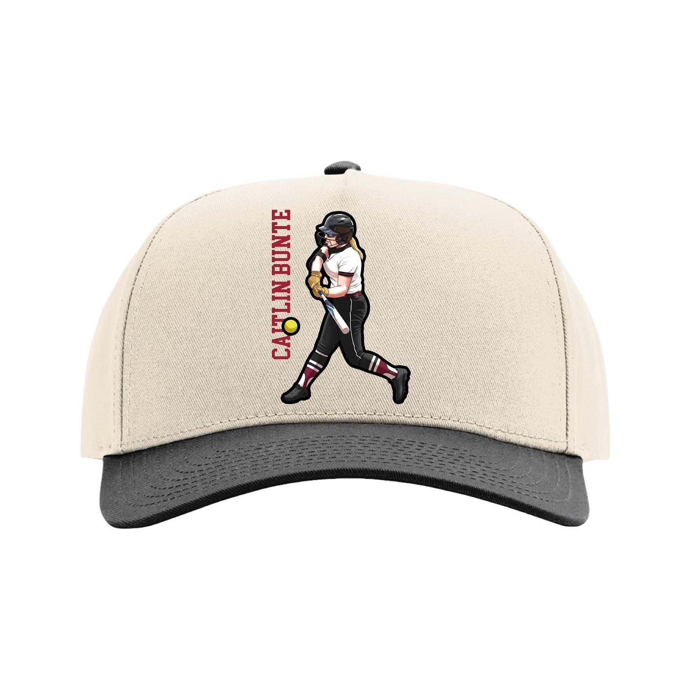 Full Fabric Five-Panel Champ Cap — Name Vertical in Cream/Black