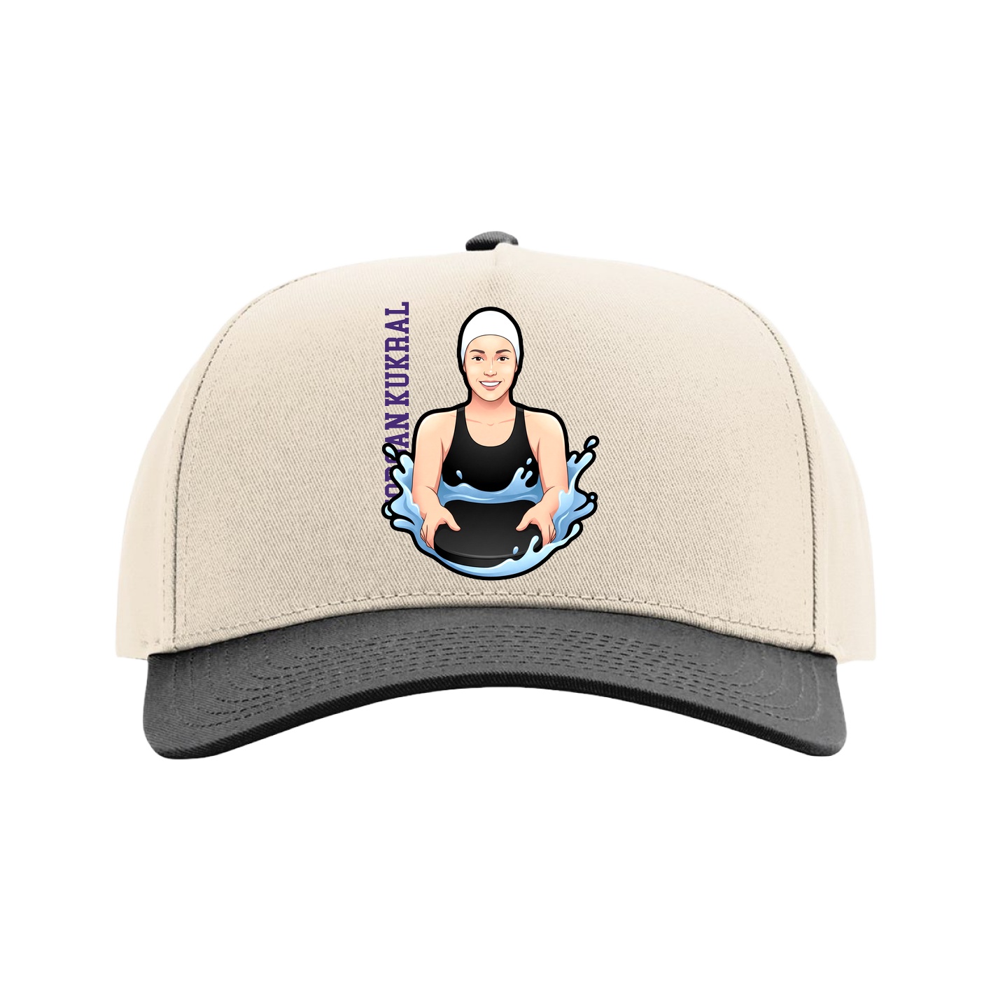 Full Fabric Five-Panel Champ Cap — Name Vertical in Cream/Black