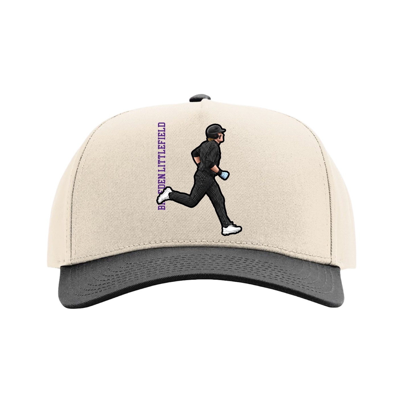 Full Fabric Five-Panel Champ Cap — Name Vertical in Cream/Black