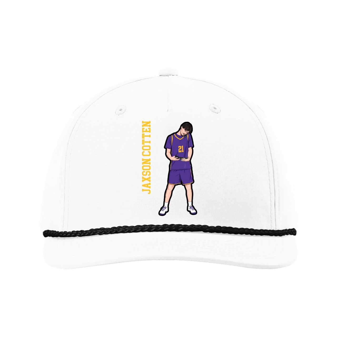 Five-Panel Classic Rope Cap — Name Vertical in White