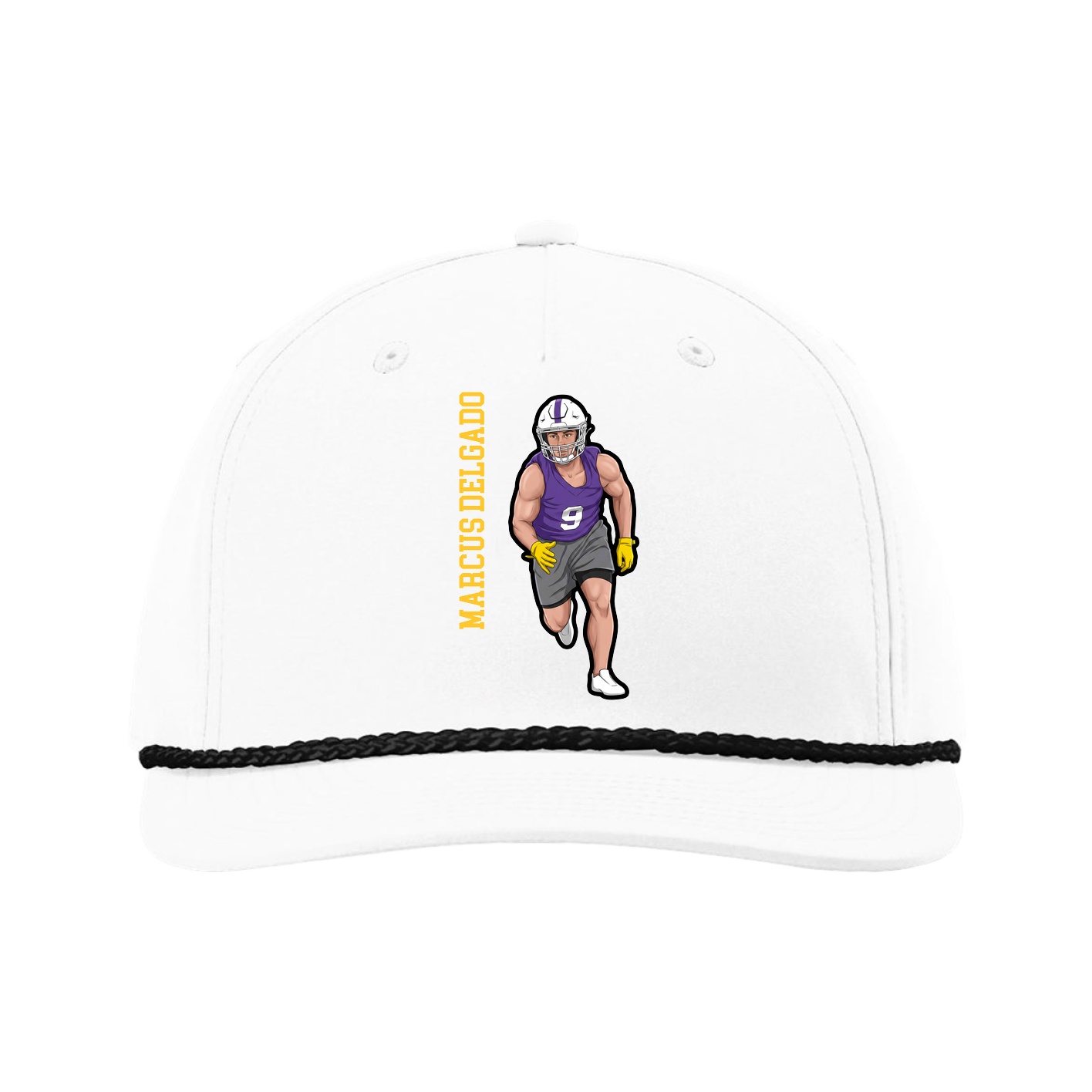 Five-Panel Classic Rope Cap — Name Vertical in White