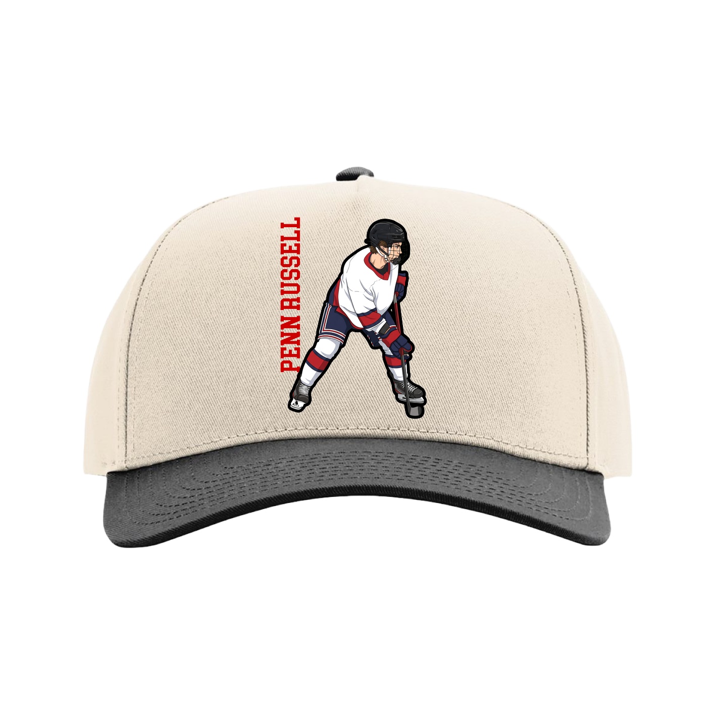 Full Fabric Five-Panel Champ Cap — Name Vertical in Cream/Black