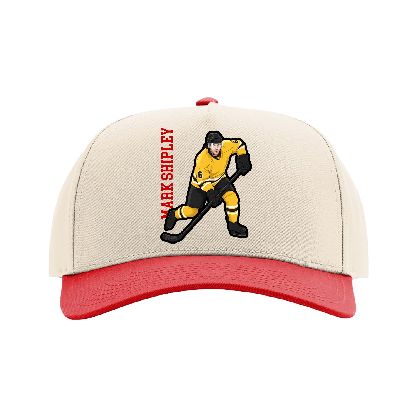 Full Fabric Five-Panel Champ Cap — Name Vertical in Cream/Red