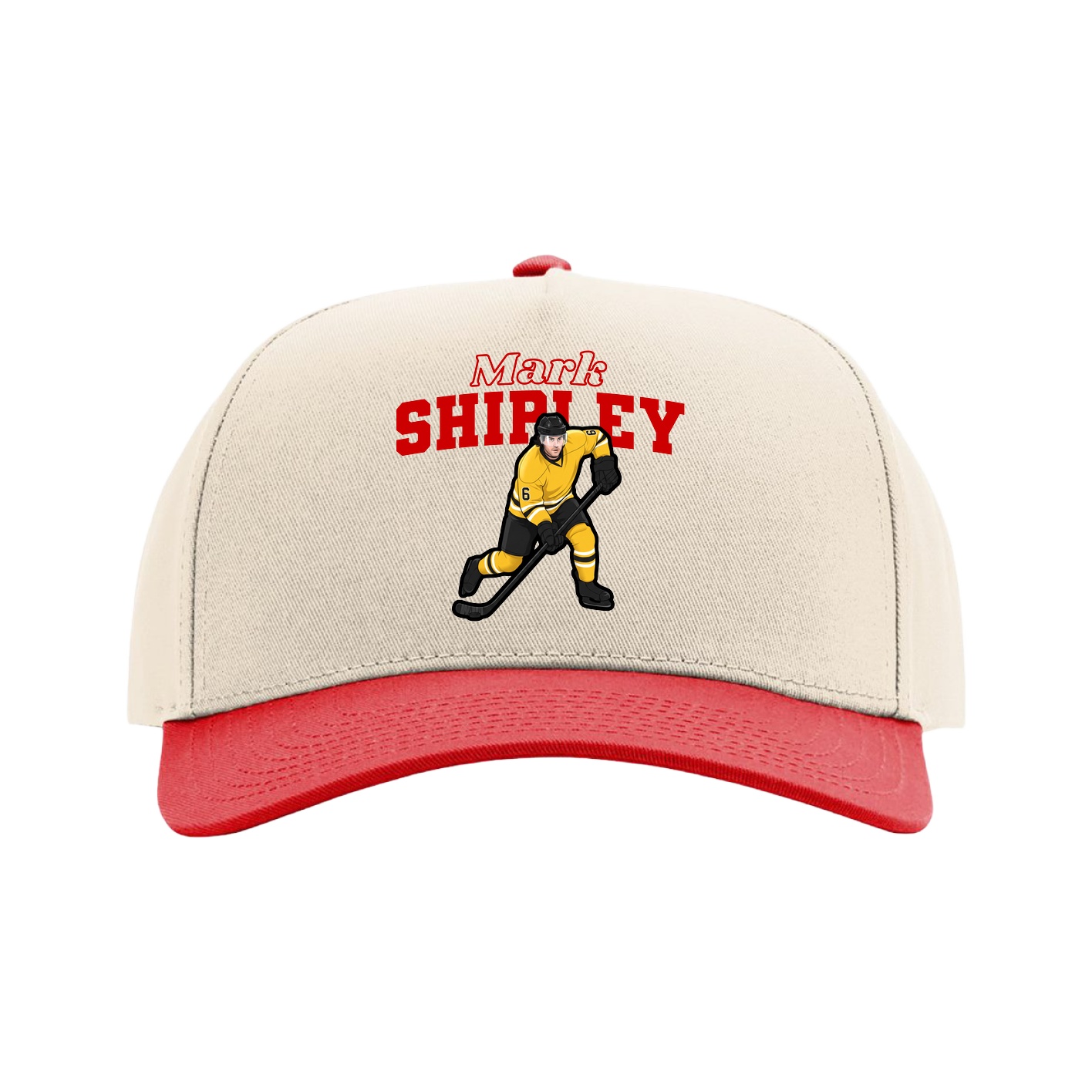 Full Fabric Five-Panel Champ Cap — Name Arch in Cream/Red