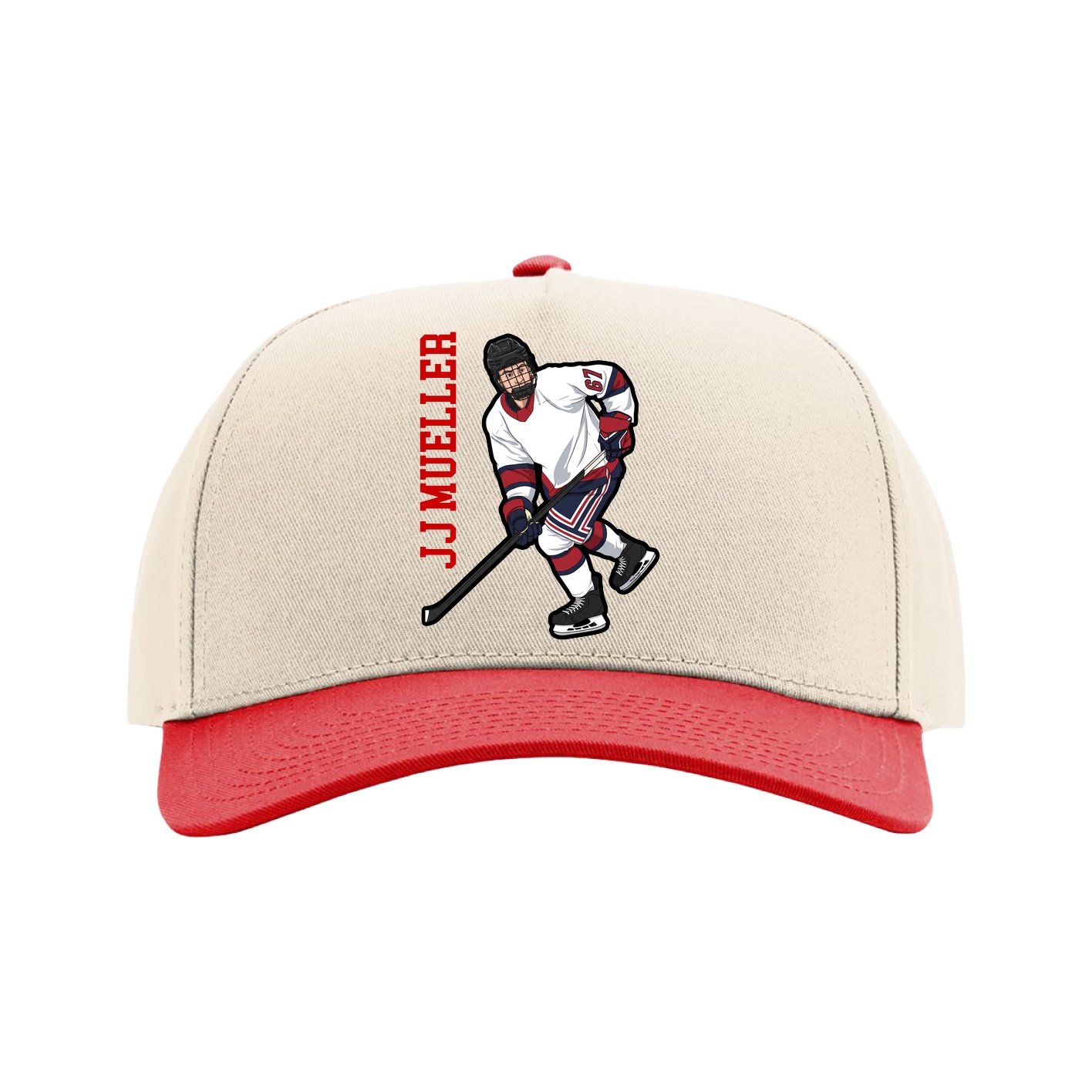 Full Fabric Five-Panel Champ Cap — Name Vertical in Cream/Red