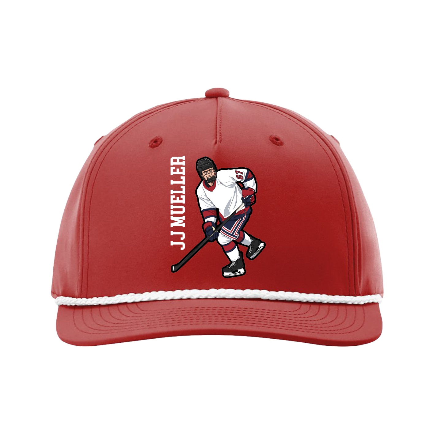 Five-Panel Classic Rope Cap — Name Vertical in Red