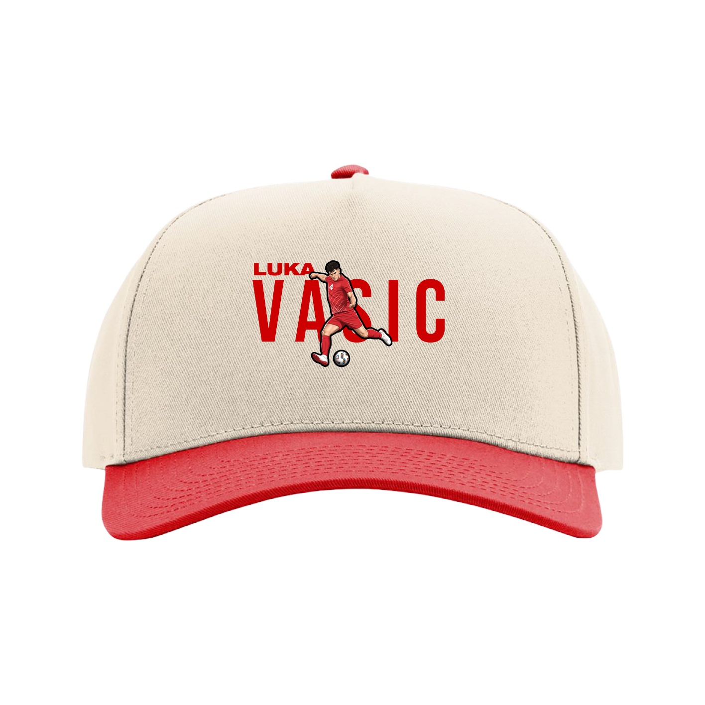 Full Fabric Five-Panel Champ Cap — Player Name in Cream/Red