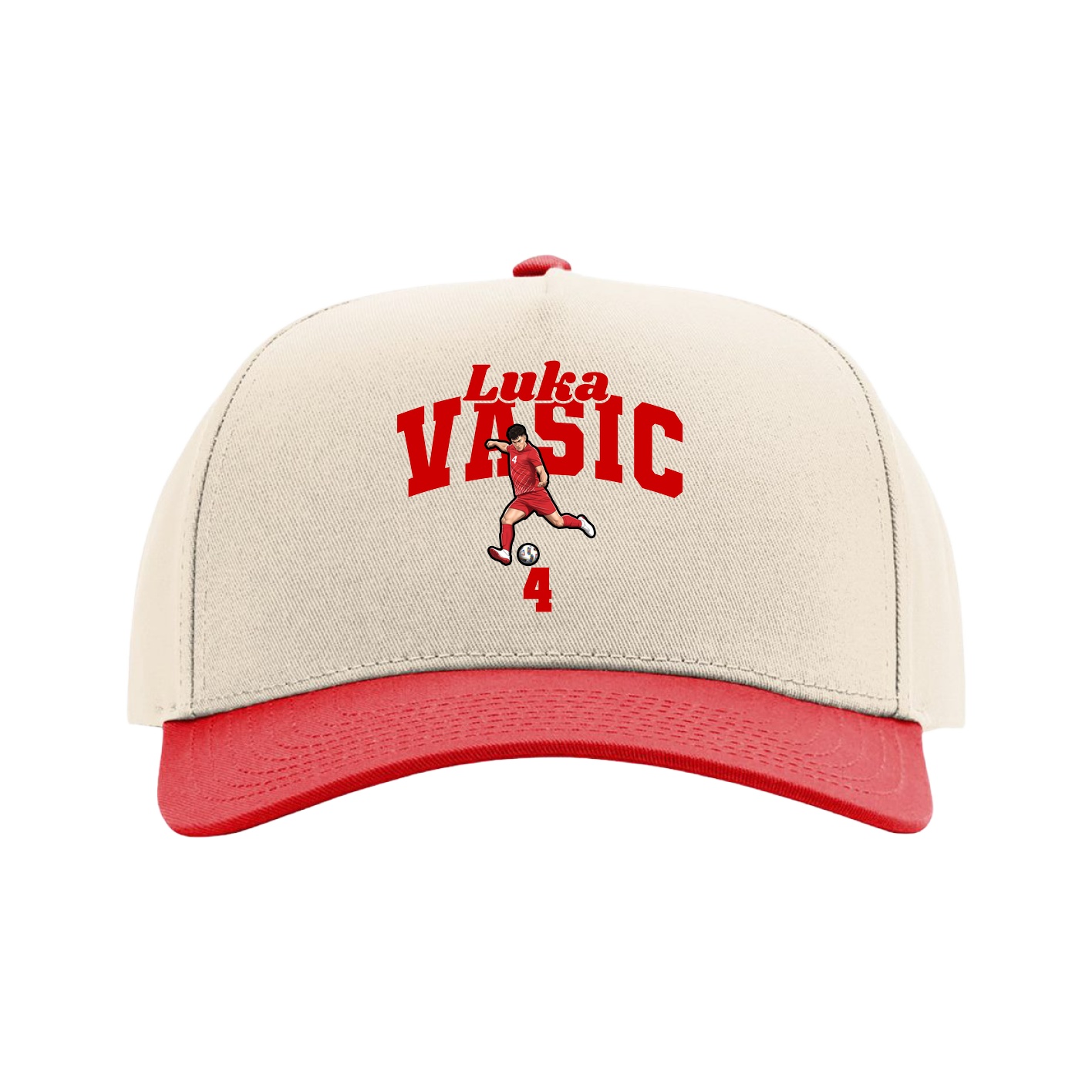 Full Fabric Five-Panel Champ Cap — Signature Arch in Cream/Red