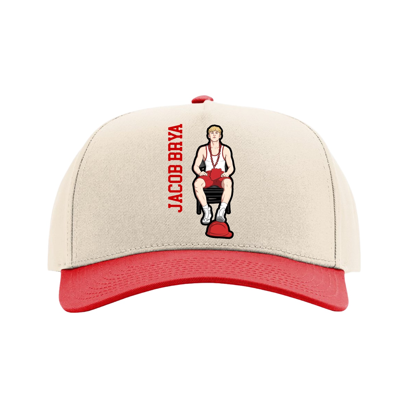 Full Fabric Five-Panel Champ Cap — Name Vertical in Cream/Red