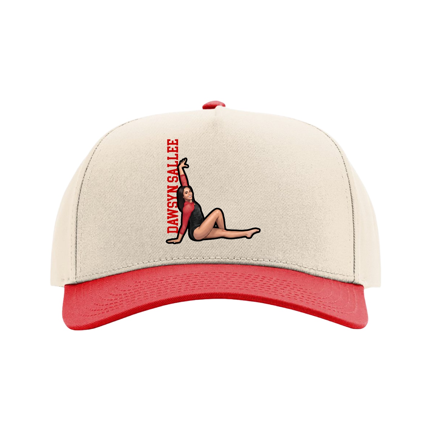 Full Fabric Five-Panel Champ Cap — Name Vertical in Cream/Red