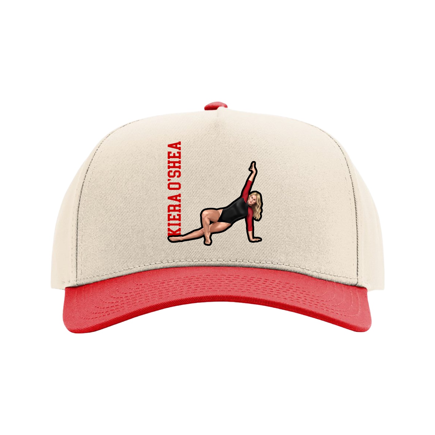 Full Fabric Five-Panel Champ Cap — Name Vertical in Cream/Red