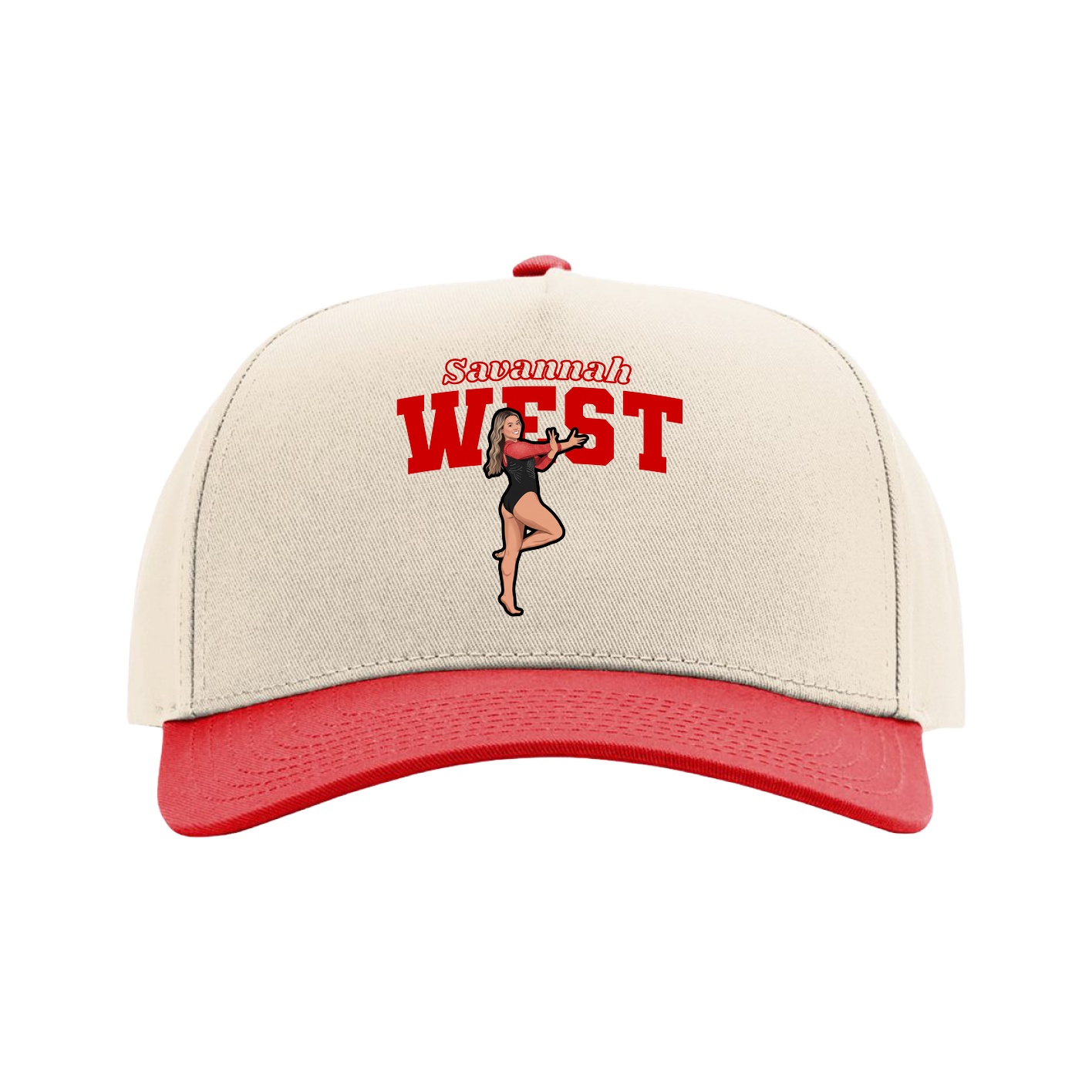 Full Fabric Five-Panel Champ Cap — Name Arch in Cream/Red