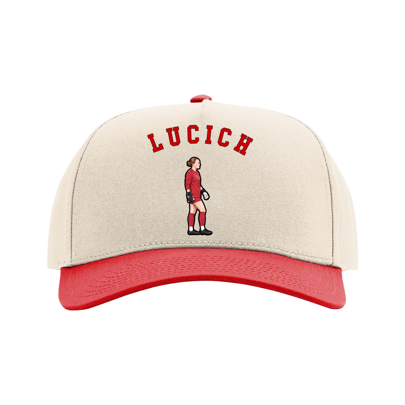 Full Fabric Five-Panel Champ Cap — Shirsey Arch in Cream/Red