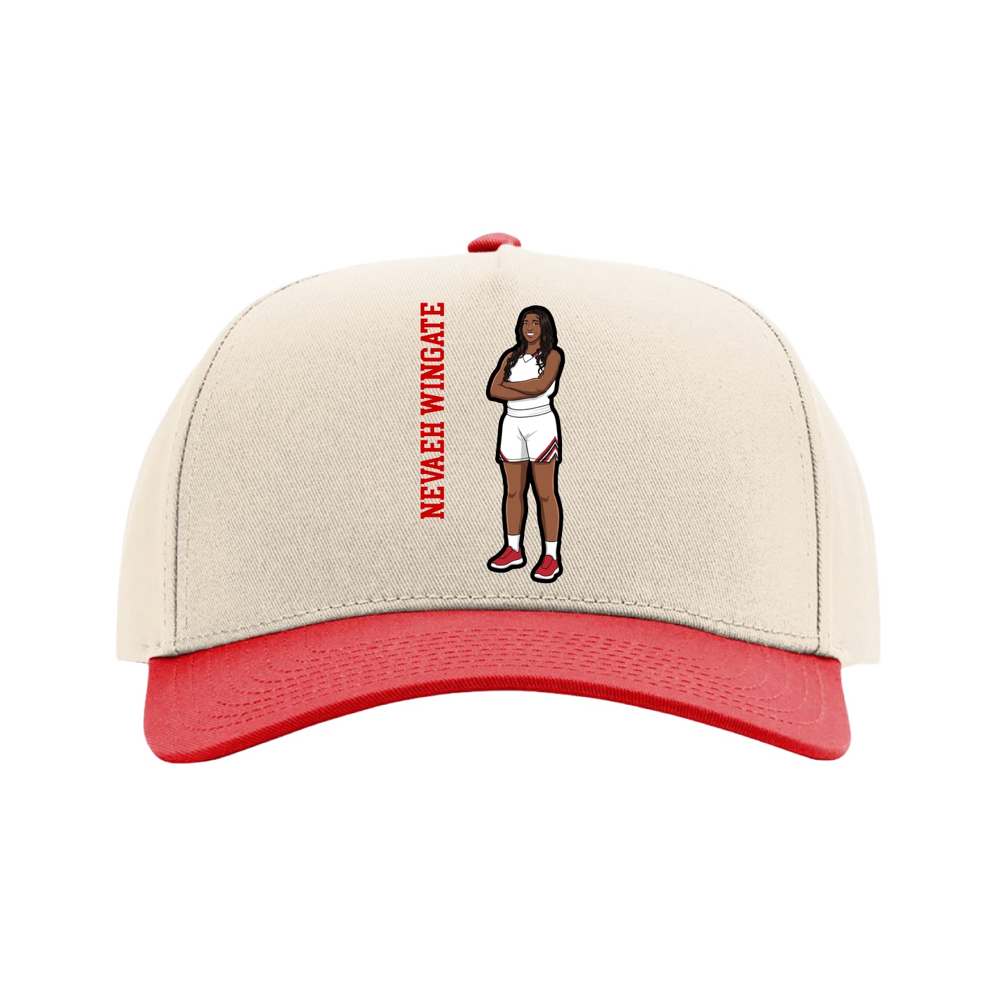 Full Fabric Five-Panel Champ Cap — Name Vertical in Cream/Red