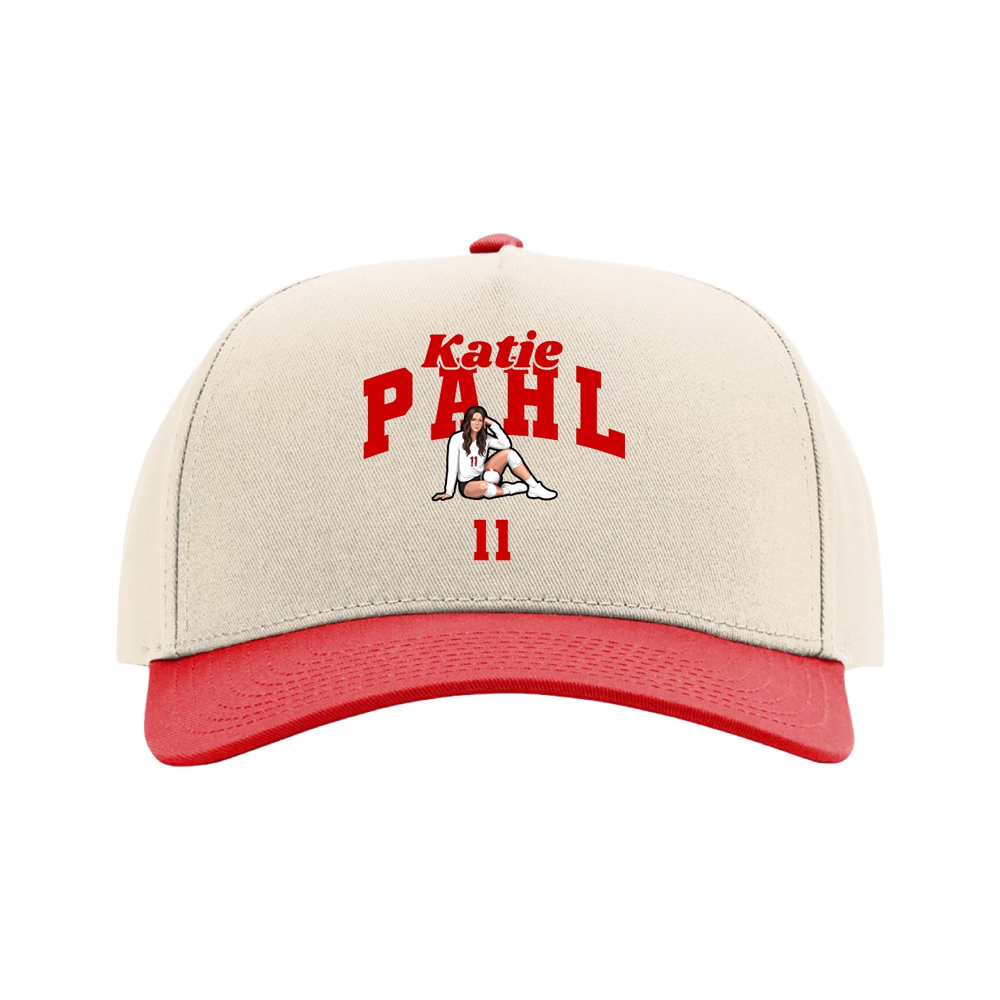 Full Fabric Five-Panel Champ Cap — Signature Arch in Cream/Red