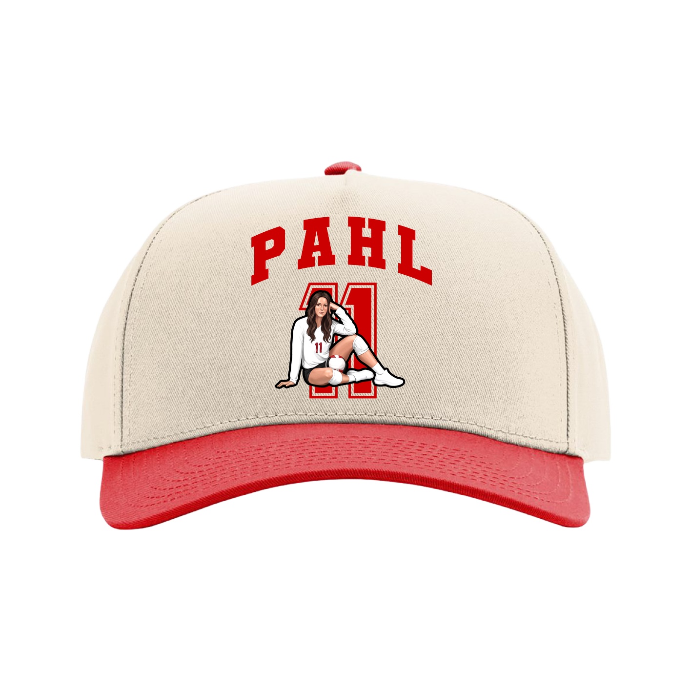 Full Fabric Five-Panel Champ Cap — Number in Cream/Red