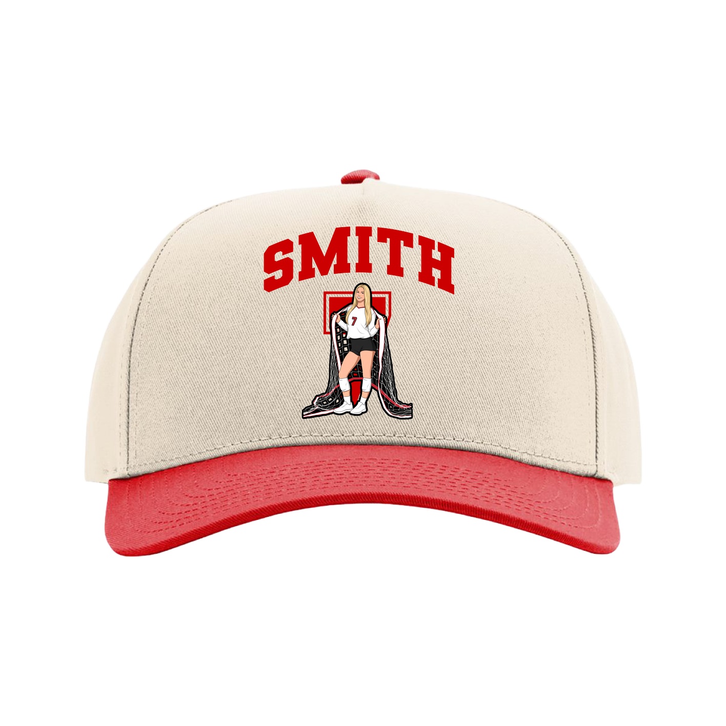 Full Fabric Five-Panel Champ Cap — Number in Cream/Red
