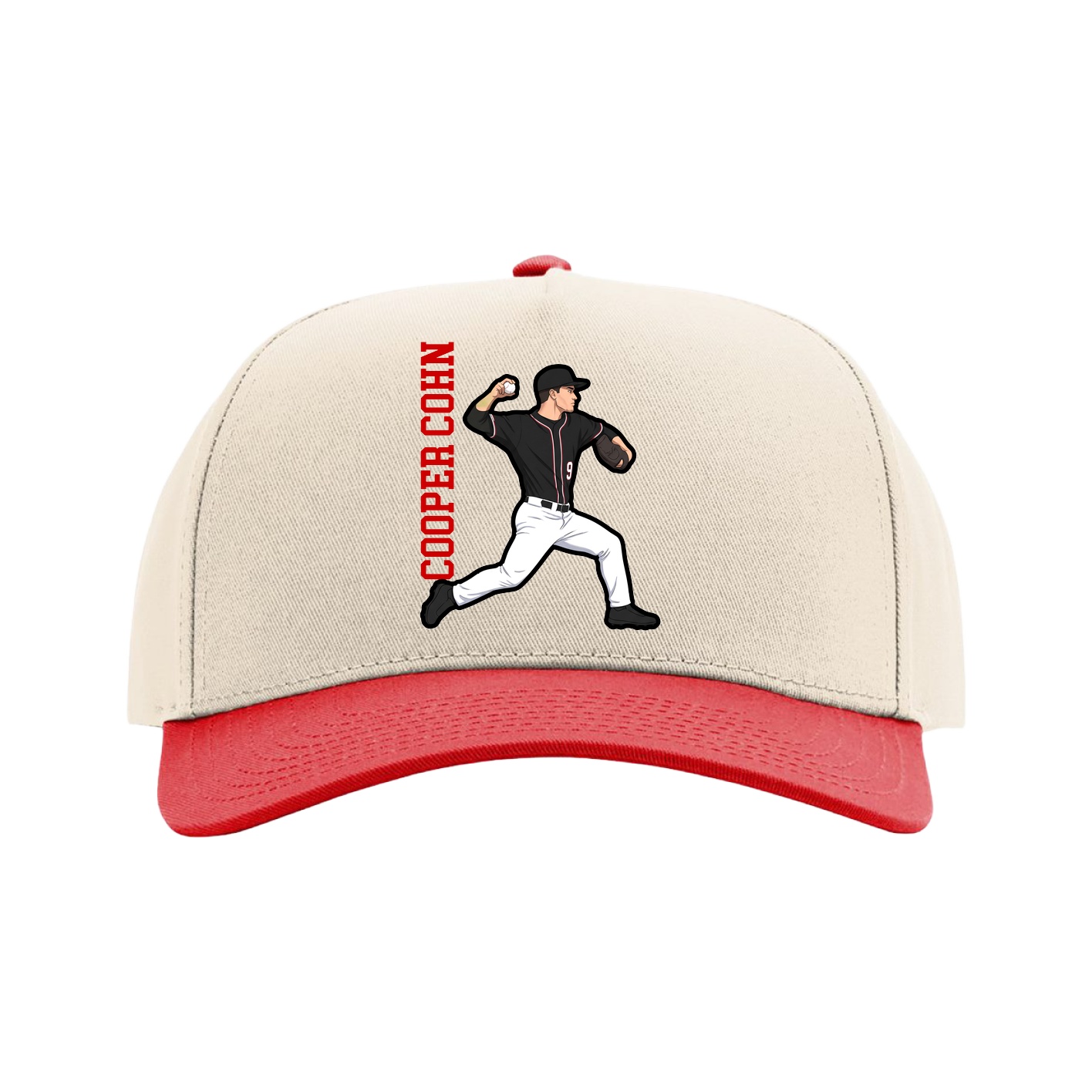 Full Fabric Five-Panel Champ Cap — Name Vertical in Cream/Red