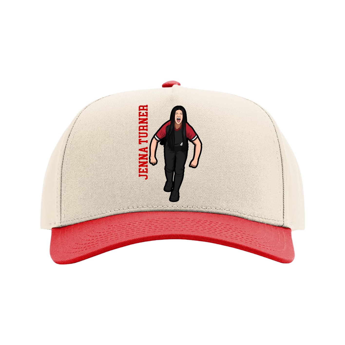 Full Fabric Five-Panel Champ Cap — Name Vertical in Cream/Red