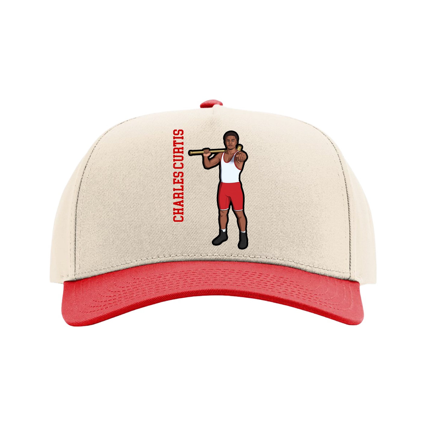 Full Fabric Five-Panel Champ Cap — Name Vertical in Cream/Red