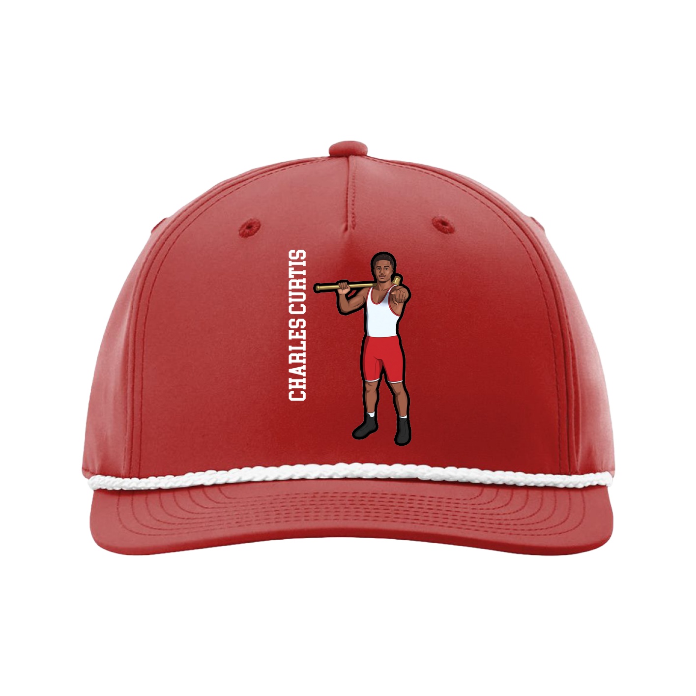 Five-Panel Classic Rope Cap — Name Vertical in Red