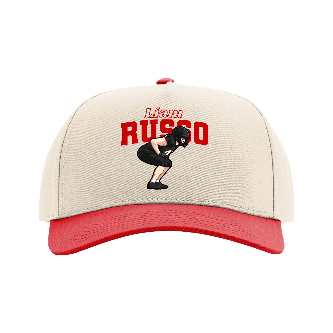 Full Fabric Five-Panel Champ Cap — Name Arch in Cream/Red
