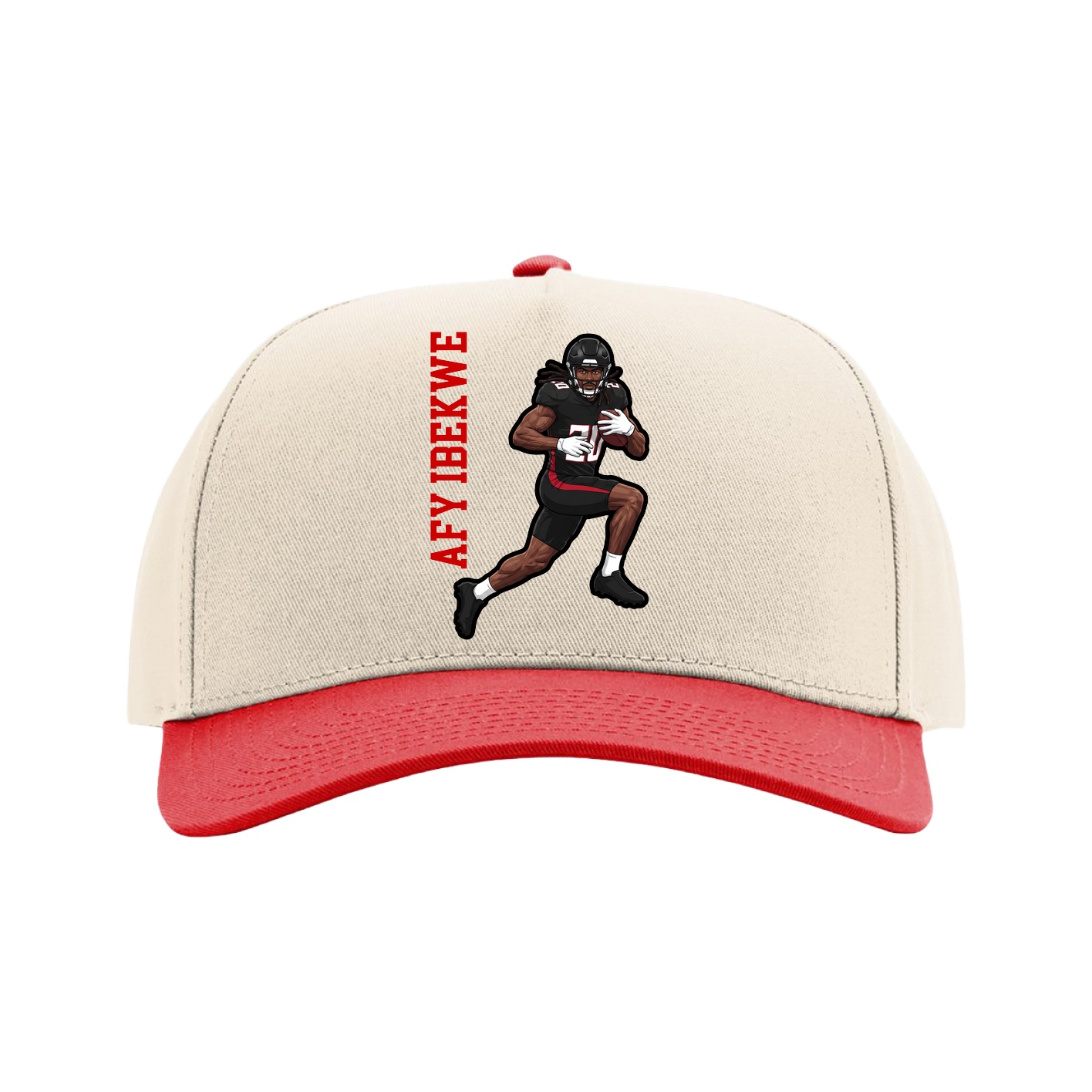 Full Fabric Five-Panel Champ Cap — Name Vertical in Cream/Red