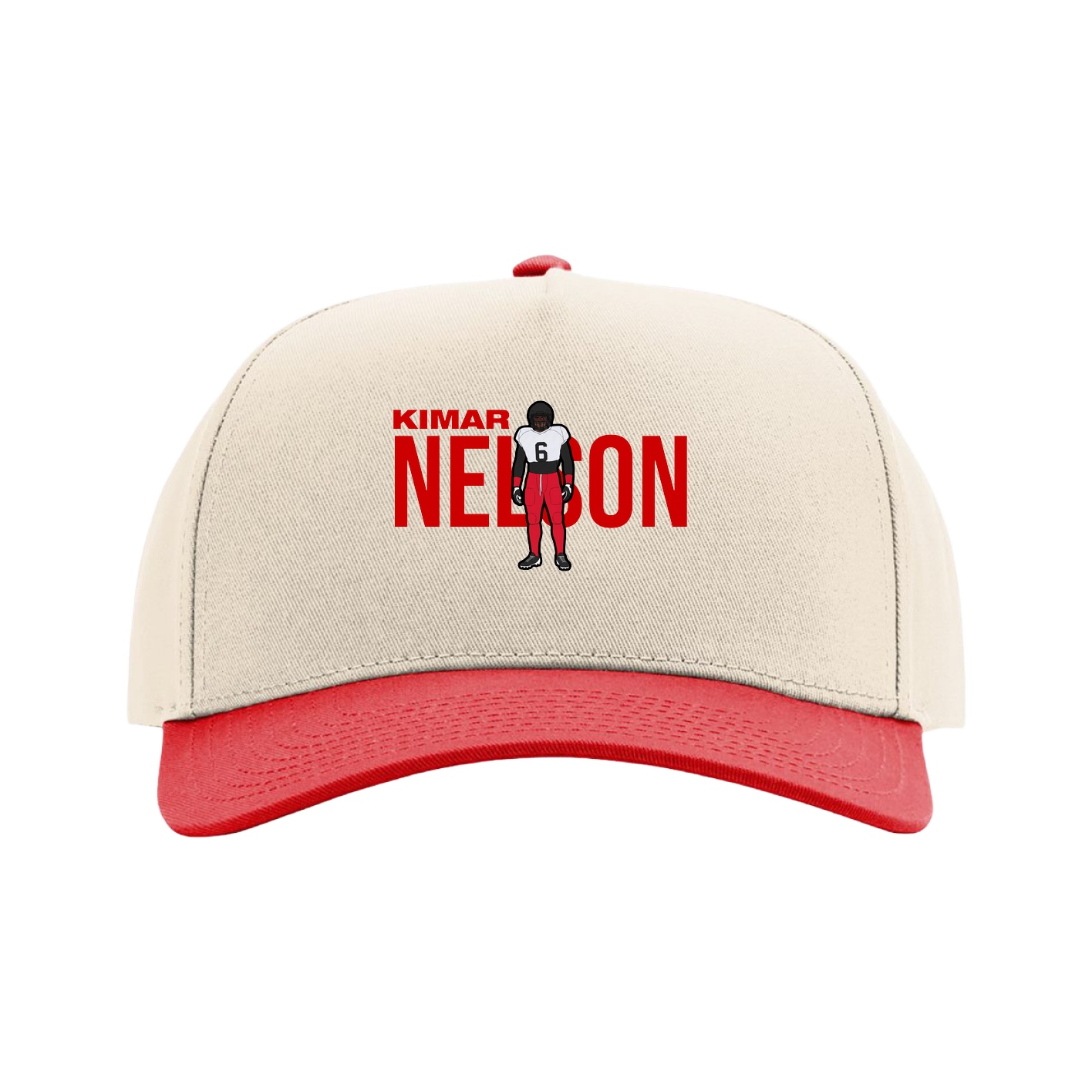 Full Fabric Five-Panel Champ Cap — Player Name in Cream/Red