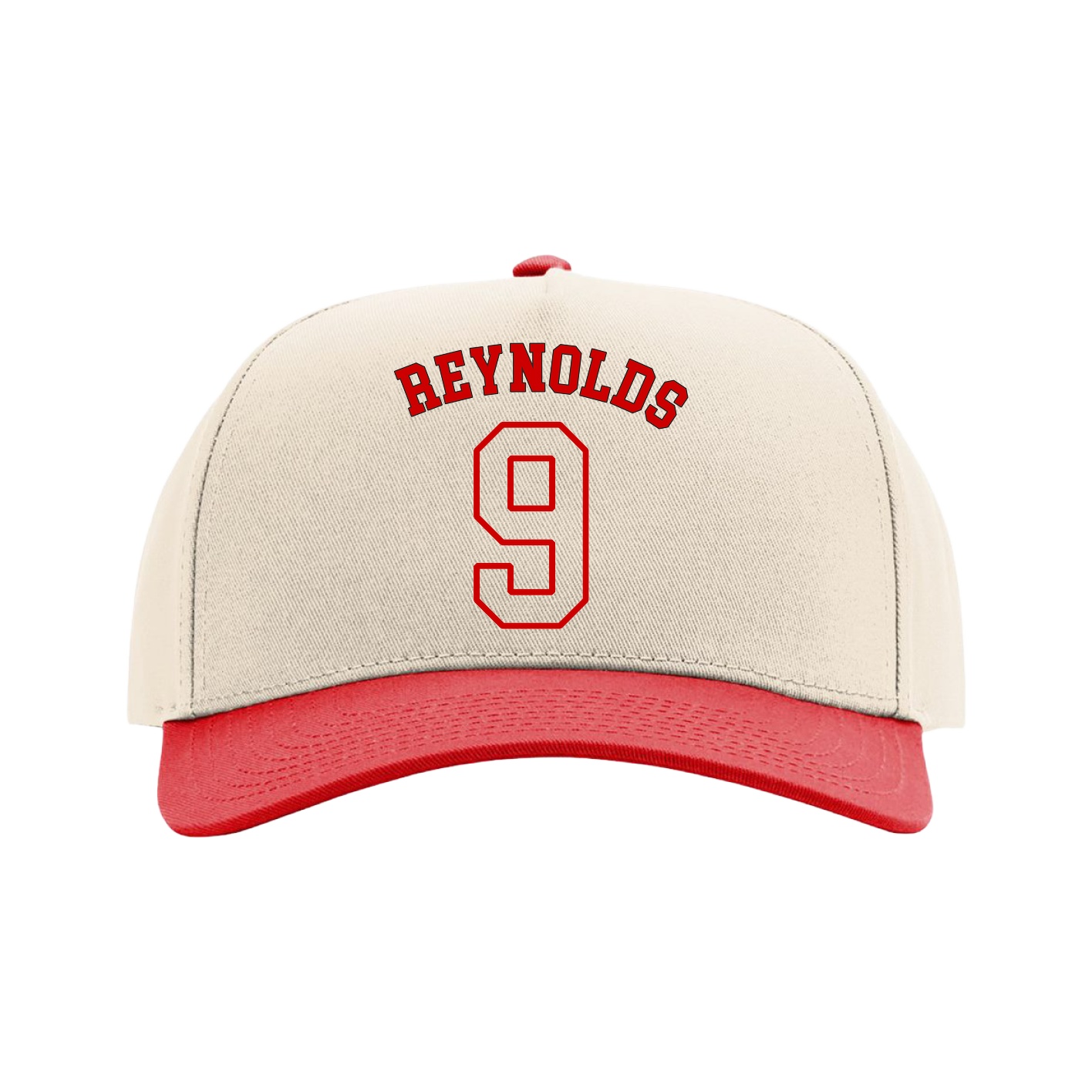 Full Fabric Five-Panel Champ Cap — Shirsey Arch in Cream/Red
