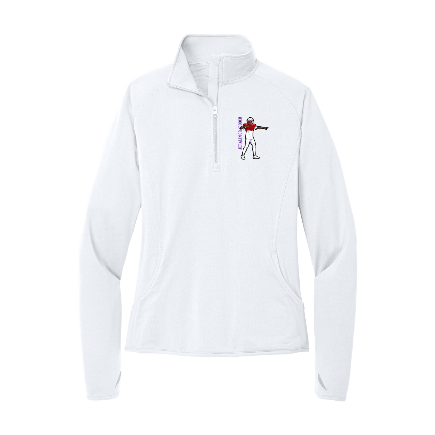 Women's Q-Zip Pullover — Name Vertical in White