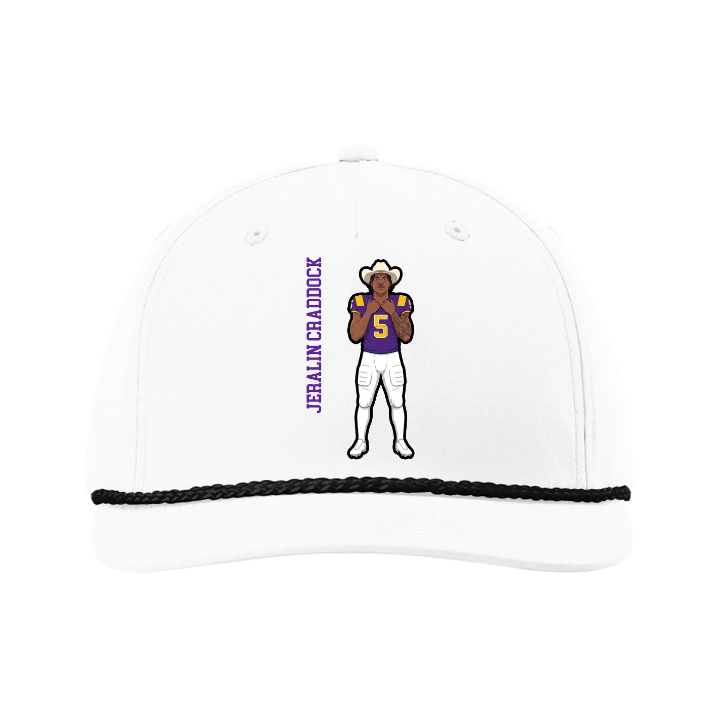 Five-Panel Classic Rope Cap — Name Vertical in White