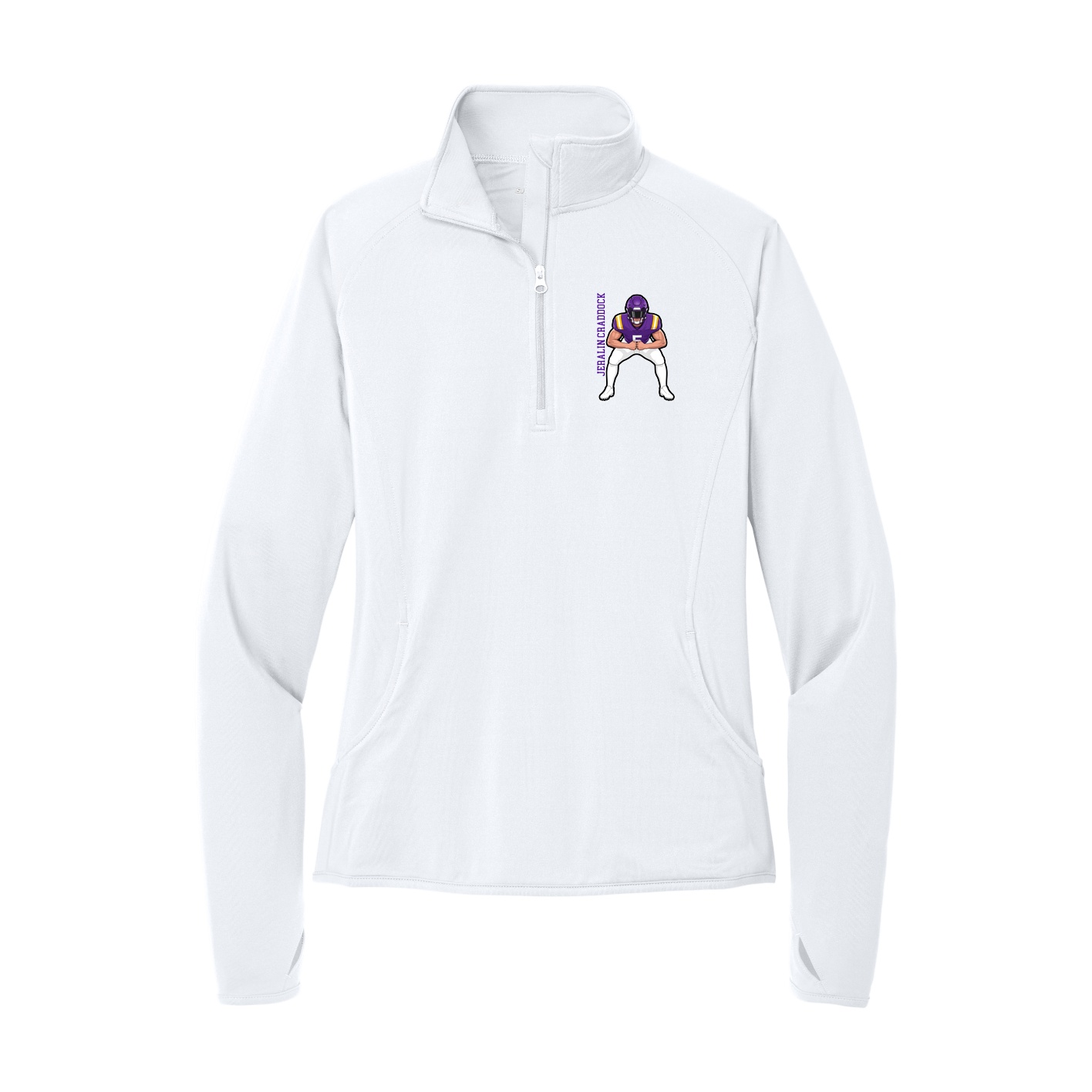 Women's Q-Zip Pullover — Name Vertical in White