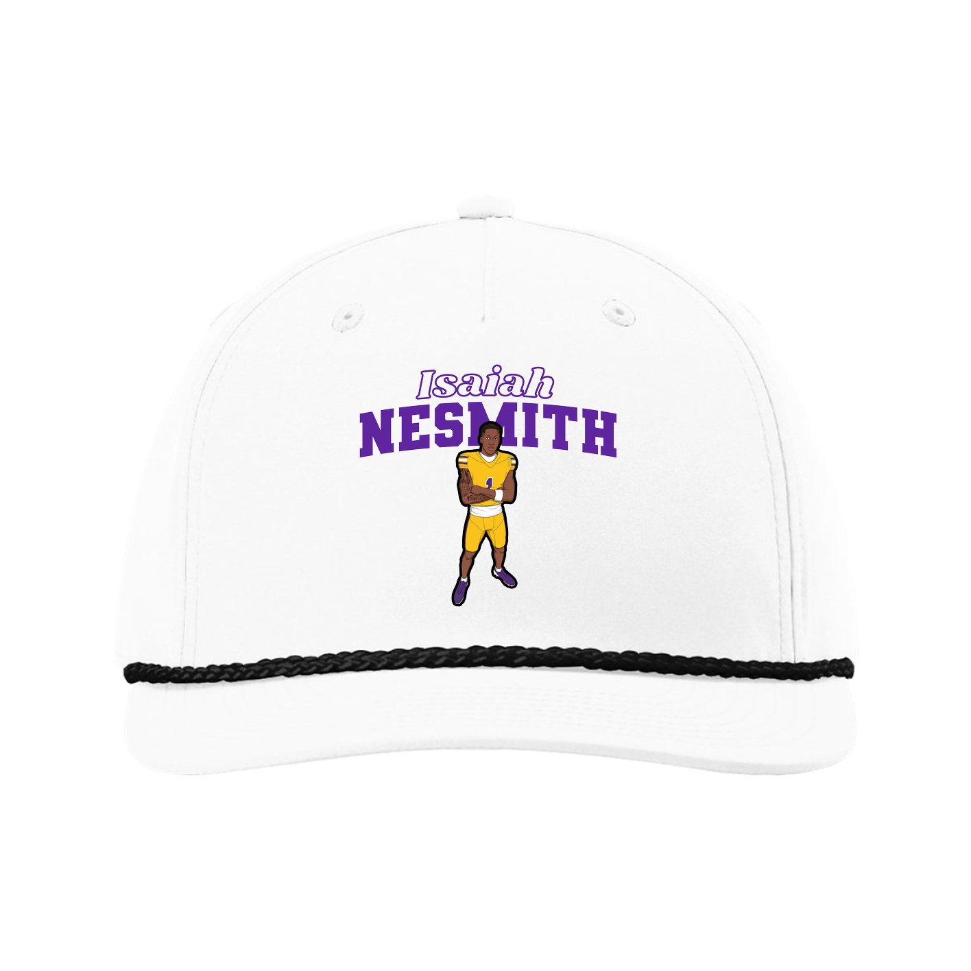 Five-Panel Classic Rope Cap — Name Arch in White