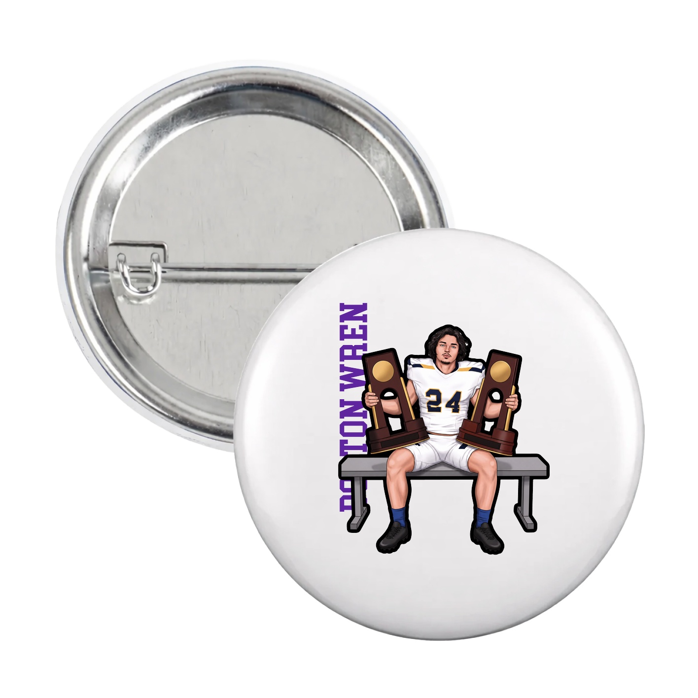 Game Day Button — Name Vertical in White